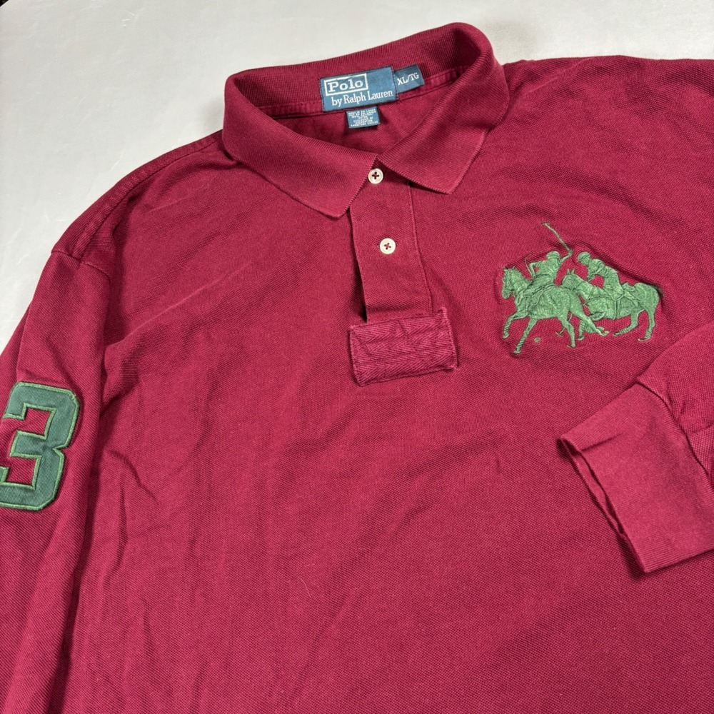 Polo Ralph Lauren Rugby Shirt Mens XL Burgundy Big Pony Long Sleeve 3 Patch
